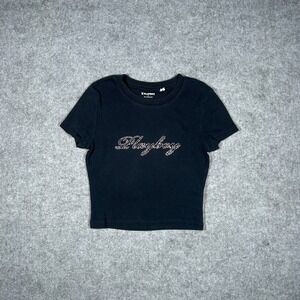 Playboy T Shirt Womens XS Black Rhinestone Logo Ribbed Baby Tee Y2K Streetwear